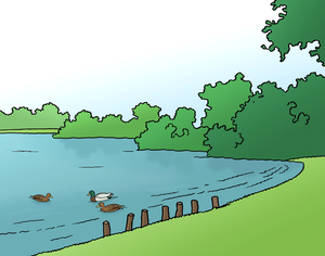 Eine Landschaft mit Wald, Wiese und einem See. Auf dem See schwimmen Enten.