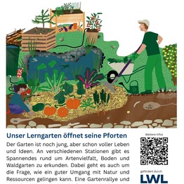 Plakat mit einer Person, die im bunten Garten arbeitet.