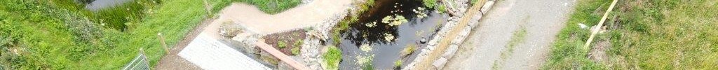 Blick von oben auf den neu gestalteten Bereich "Teich für alle" mit einem Teich, barrierearmen Wegen und frischen Beeten.