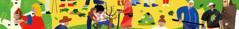 Bunte Grafik: Menschen, die gemeinsam in der Natur arbeiten. Zum Beispiel werden Vogelhäuschen aufgehängt und Müll gesammelt und vieles mehr.