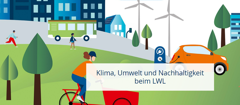 Bunte Grafik mit Fahrrädern und Windrädern-Startseite der LWL-Stabstelle Klima