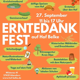 Plakat zum Erntedankfest mit Infos, was angeboten wird: Yoga auf dem Feld, deftige Speisen, Bastelaktion mit dem Naturpark, Apfelsaft pressen und mehr