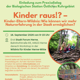 Einladung zum Praxisdialog der Biologischen Station Östliches Ruhrgebiet mit Bild von spielenden Kindern.