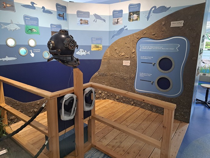 Ausstellungselement zur Artenvielfalt mit befahrbarem Holzsteg und interaktiven Elementen. (vergrößerte Bildansicht wird geöffnet)