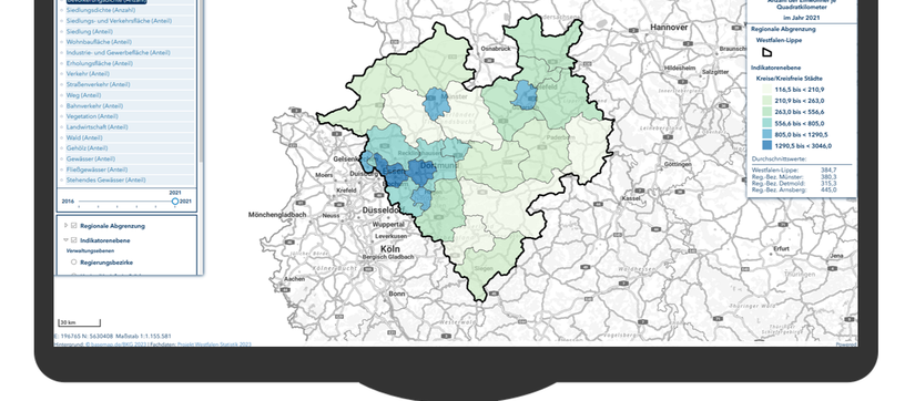 Kartenbeispiel aus dem Statistikatlas der Region Westfalen auf einem Bildschirm